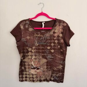 Y2K BROWN SUSAN LAWRENCE COFFEE ALL OVER PRINT T-SHIRT